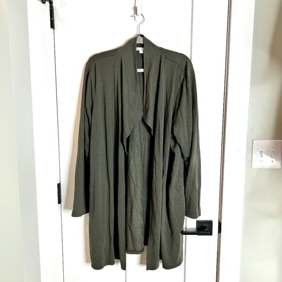 Pure Jill Luxe Tencel Olive Green Long-Lined Open Front Waterfall Cardigan Sz XL - Picture 1 of 4